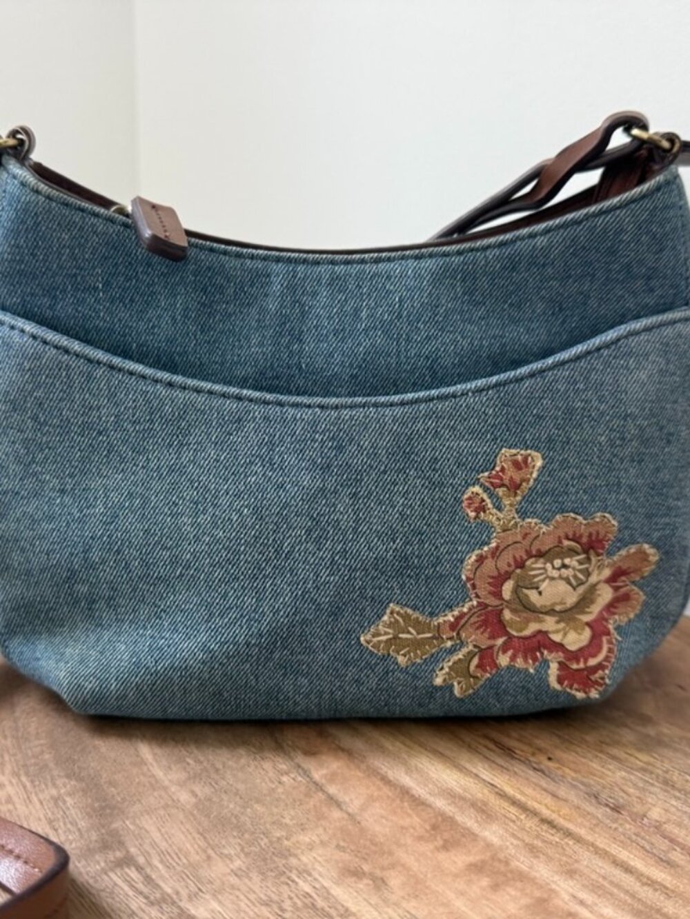 FOSSIL Denim Shoulder Bag Embroidered Tapestry Floral Crossbody Hobo Y2K